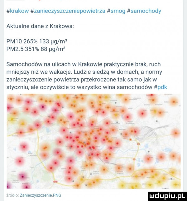 krakow zanieczyszczenlepowietrza smog samochody aktualne dane z krakowa pm io         pg m pm        as ug m samochodów na ulicach w krakowie praktycznie brak ruch mniejszy niż we wakacje. ludzie siedzą w domach a normy zanieczyszczenie powietrza przekroczone tak sama jak w styczniu ale oczywiście to wszystko wina samochodów puk zma o zanieczyszczenie pbg