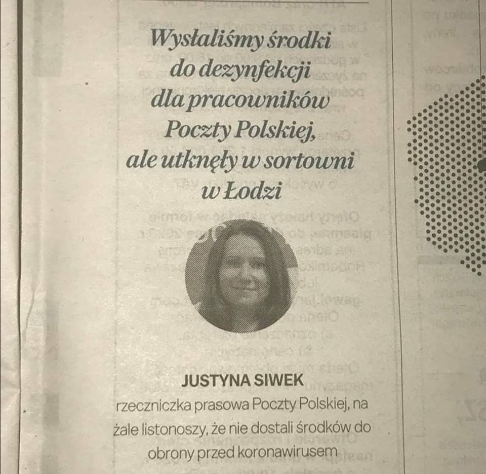 poczty polskiej ale utknęły w sortowni w łodzi justyna siwek rzeczniczka prasowa poczty polskiej na żale listonoszy że nie dostali środków do obrony przed koronawirusem