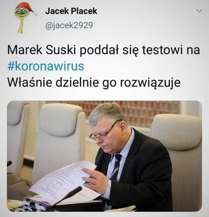 Marek Suski poddał się testowi na #koronawirus. Właśnie dzielnie go rozwiązuje