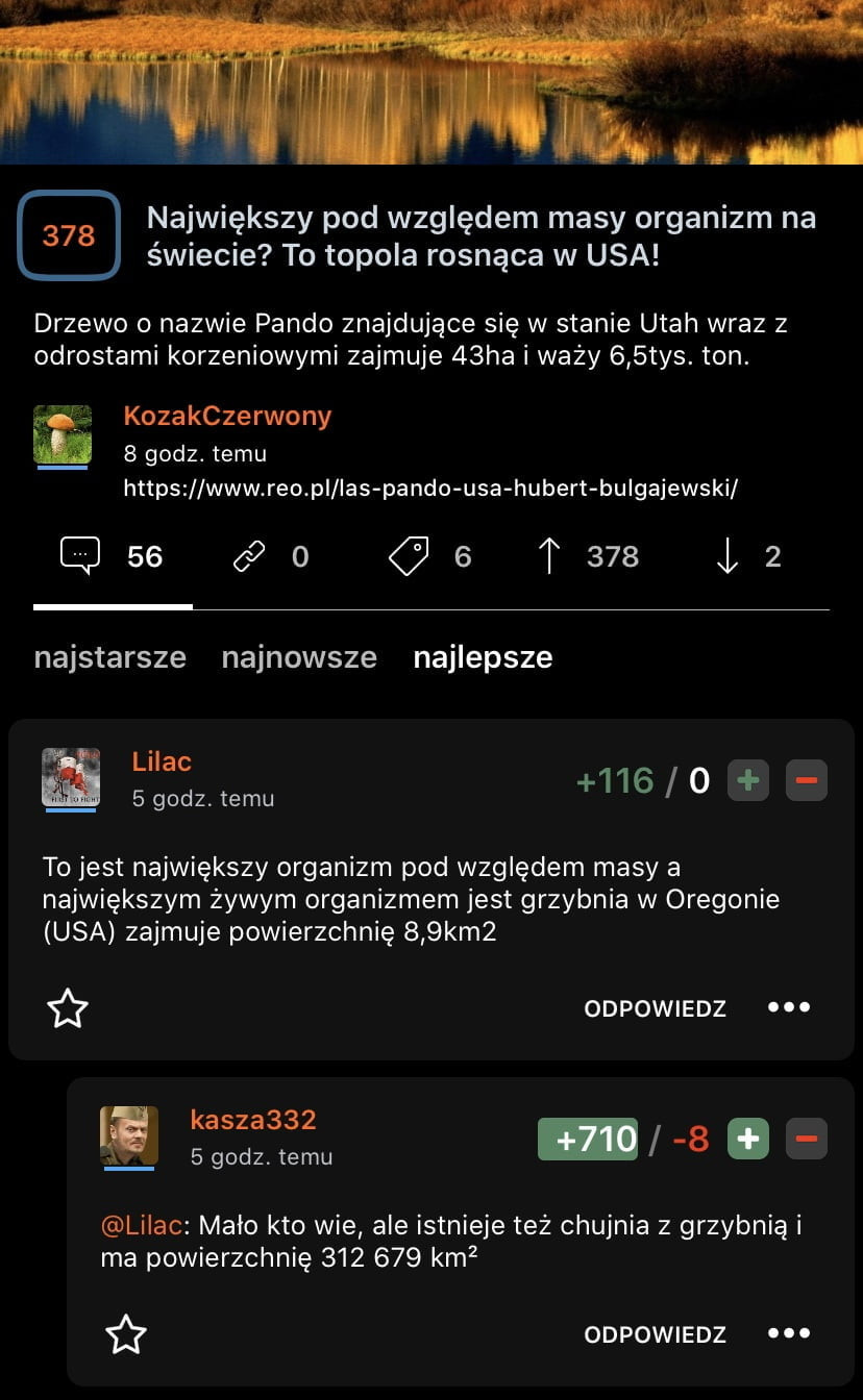 ch     największy pod względem masy organizm na świecie to topola rosnąca w usa drzewo o nazwie pando znajdujące się w stanie utah wraz z odrostami korzeniowymi zajmuje   ha i waży    tys. ton. kozakczerwony   godz. temu https www reo pi las pando usa hubert buigajewski elce     os t    lz najstarsze najnowsze najlepsze lilac s godz. temu       to jest największy organizm pod względem masy a największym żywym organizmem jest grzybnia w oregonie usa zajmuje powierzchnię    km  odpowiedz. kasza    sgodz temu i  . lilac malo kto wie ale istnieje też chujnia z grzybnią i ma powierzchnię         km    odpowiedz