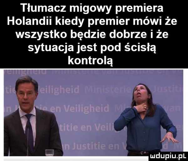 tłumacz migowy premiera holandii kiedy premier mówi że wszystko będzie dobrze i że sytuacja jest pod ścisłą kontrolą